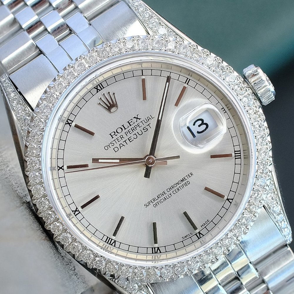 ROLEX MENS DATEJUST STAINLESS STEEL WATCH BLUE DIAL DIAMOND BEZEL 36MM 16014